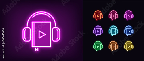 Neon audiobook icon. Glowing neon audio book sign with headphones, online library