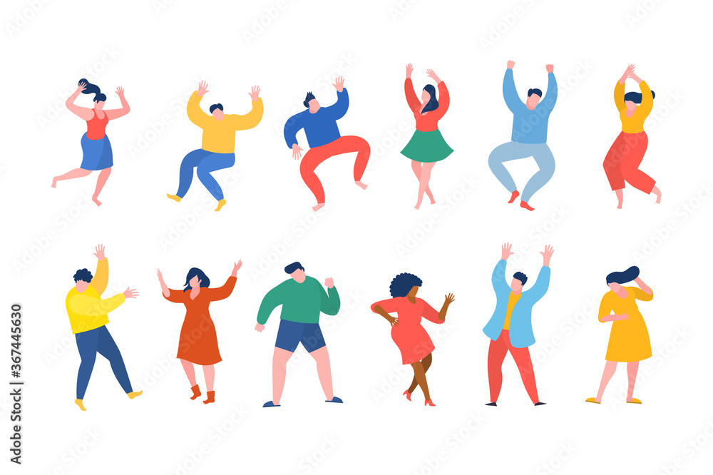 Dancing people funny cartoon style. Men and women in free movement poses. Flat design. Dancing people funny cartoon style. Men and women in free movement poses. Flat design.