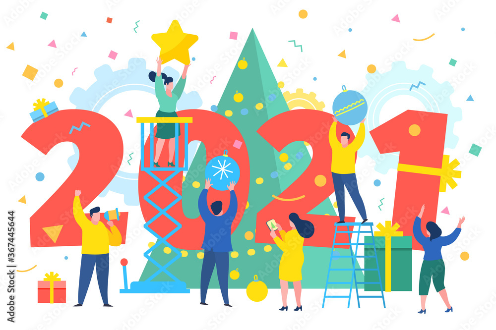 Business people, man and woman building a numbers 2021, in flat modern style. preparing to meet the new year . Business people, man and woman building a numbers 2021, in flat modern style. preparing to meet the new year .