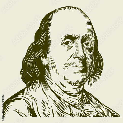 Vector Drawing Face Portrait Illustration for Benjamin Franklin in Sephia Tone