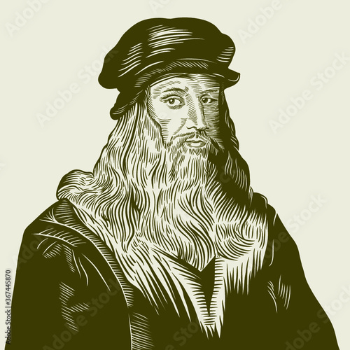 Vector Drawing Face Portrait Illustration for Leonardo Da Vinci in sephia tone