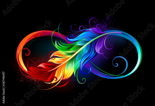 Infinity with rainbow feather on black background