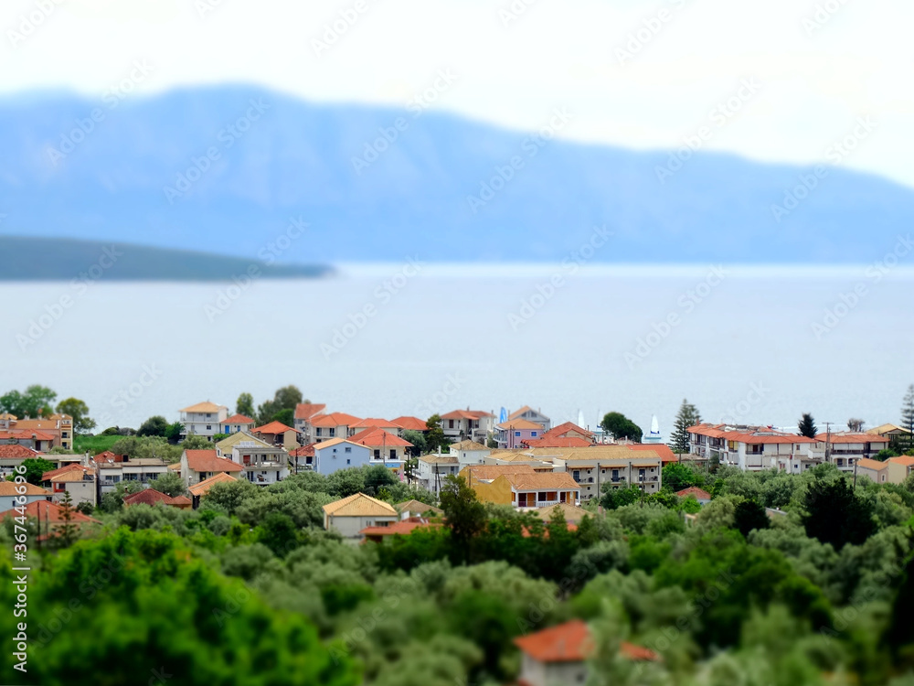 Aerial view of Nikiana village  around beach of Ionian Sea on Lefkada Island in western Greece. Lefkada island is one of series of Greek Ionian Islands.