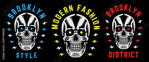 Vintage white skull. Retro print for t-shirt. Brooklyn modern fashion.