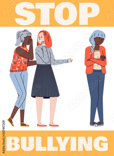 Stop bullying placard or poster template with teenagers girls cartoon characters, flat vector illustration. Banner design against children and youth abuse and bullying.