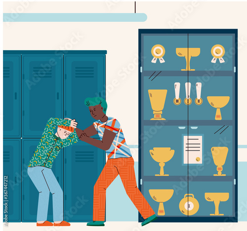 Bully oppression and bullying in school or college with teen boys characters fighting, cartoon vector illustration. Problem of abuse and aggression between adolescents.