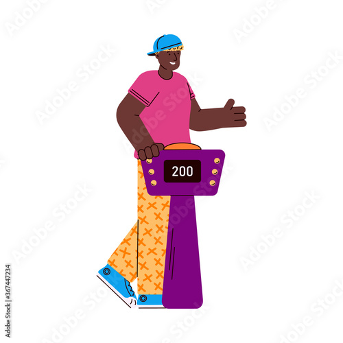 TV quiz show player african american male character answering questions standing at stand with buttons, flat cartoon vector illustration isolated on white background.