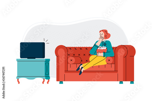 Woman watching television and eating popcorn at home, cartoon vector illustration isolated on white background. Young girl resting on sofa with movie or favorite show.