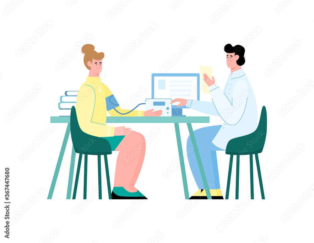 Doctor and patient doing blood pressure measure procedure with electronic meter. Woman and medical professional sitting at table in hospital, isolated vector illustration