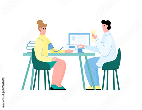 Doctor and patient doing blood pressure measure procedure with electronic meter. Woman and medical professional sitting at table in hospital, isolated vector illustration