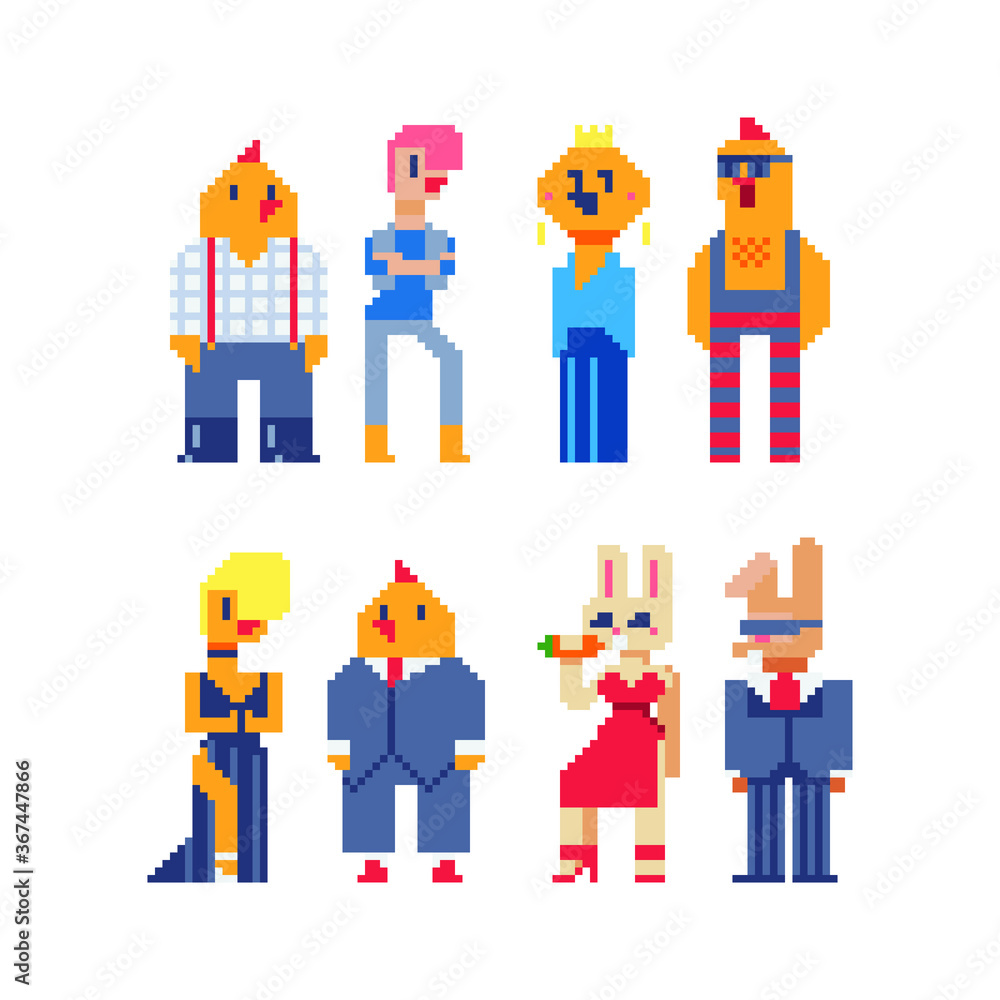 Fashion animals, furry art. Hen woman and rooster boy. Chickens character. Rabbit and cute bunny girl. Happy Easter. Anthropomorphic design. Isolated pixel art vector illustration. Fashion animals, furry art. Hen woman and rooster boy. Chickens character. Rabbit and cute bunny girl. Happy Easter. Anthropomorphic design. Isolated pixel art vector illustration.
