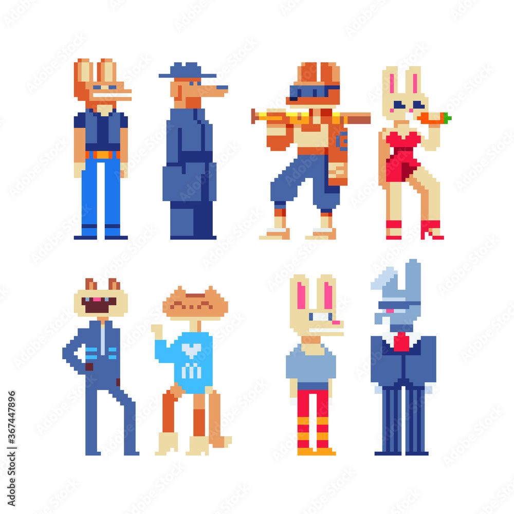 Animals characters furry art, bunny isolated vector illustration. Cartoon icon for app and sticker. Anthropomorphic design. 8-bit. Pixel art 80s style. Boy and girl fashion animals. Game assets. Stock Vector | Adobe Animals characters furry art, bunny isolated vector illustration. Cartoon icon for app and sticker. Anthropomorphic design. 8-bit. Pixel art 80s style. Boy and girl fashion animals. Game assets. Stock Vector | Adobe
