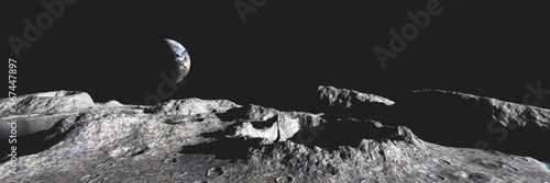Moon surface panorama, lunar landscape, earth rise above the moon, 3d rendering