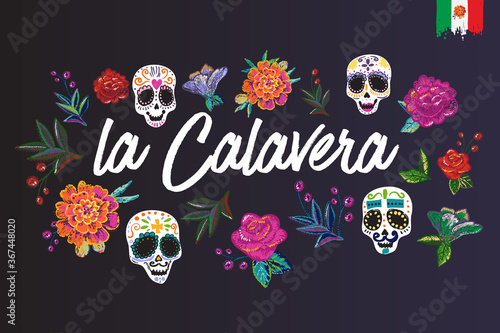 Day of the Dead: lettering text, element for decoration traditional mexican holiday. Hand drawn illustration in flat watercolor style on black background.