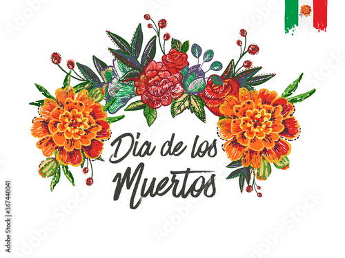 Marigolds wreath. Day of the Dead: lettering text, element for decoration traditional mexican holiday. white background.