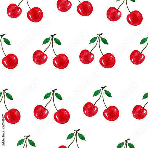 cherries seamless pattern, watercolor sweet food illustration for backgrounds, wallpaper, fabric or wrapping, summer fresh cherry fruit design