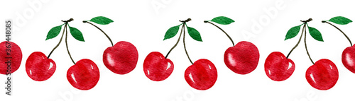 seamless border with red cherries, watercolor food illustration with cherry fruit isolated on white, hand painted cherries