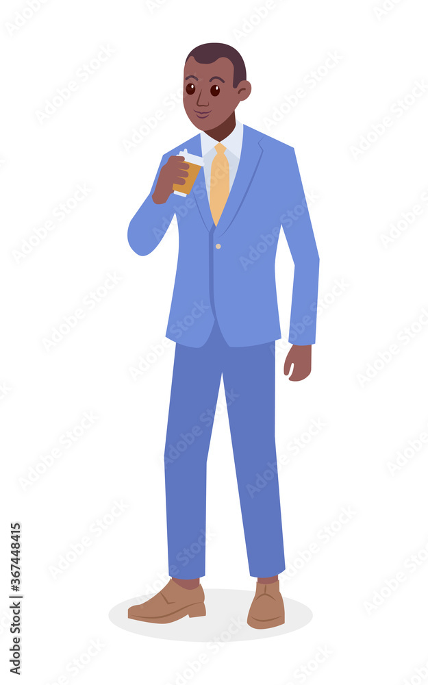 Businessman standing and holding coffee cup. Colorful flat design vector illustration. African-american man drinking coffee Businessman standing and holding coffee cup. Colorful flat design vector illustration. African-american man drinking coffee