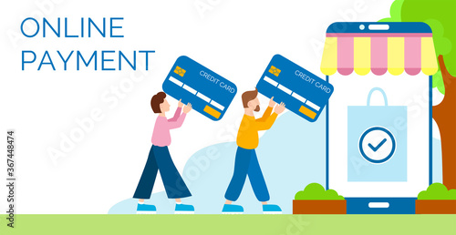 Banner template for online payment. Stylized little people carry credit cards in their hands, go to the screen of a smartphone stylized as a shop. Vector concept in a modern flat style.