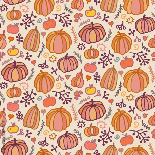 Autumn Fall Floral colors doodle seamless pattern, vector isolated hand drawn elements