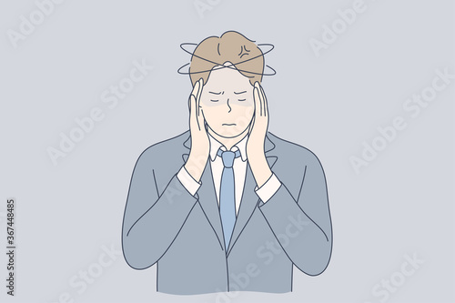 Mental stress, business, ache, depression, frustration, thinking concept. Young stressful depressed frustrated businessman clerk manager cartoon character holding head. Problems in work or headache.