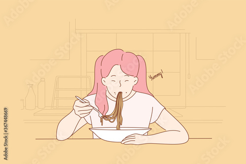 Childhood, cooking, food, pasta concept. Young happy hungry child kid girl eating tasty delicious spaghetti bolognese at home kitchen. Breakfast lunch or supper meal and healthy lifestyle illustration