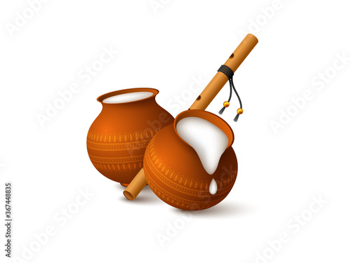 Pots with milk and bansuri isolated on white.
