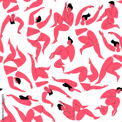 limited colors seamless pattern. Fat women with closed eyes in relaxed poses wearing underwear. Calm and chill vibe. Body positive flat illustration