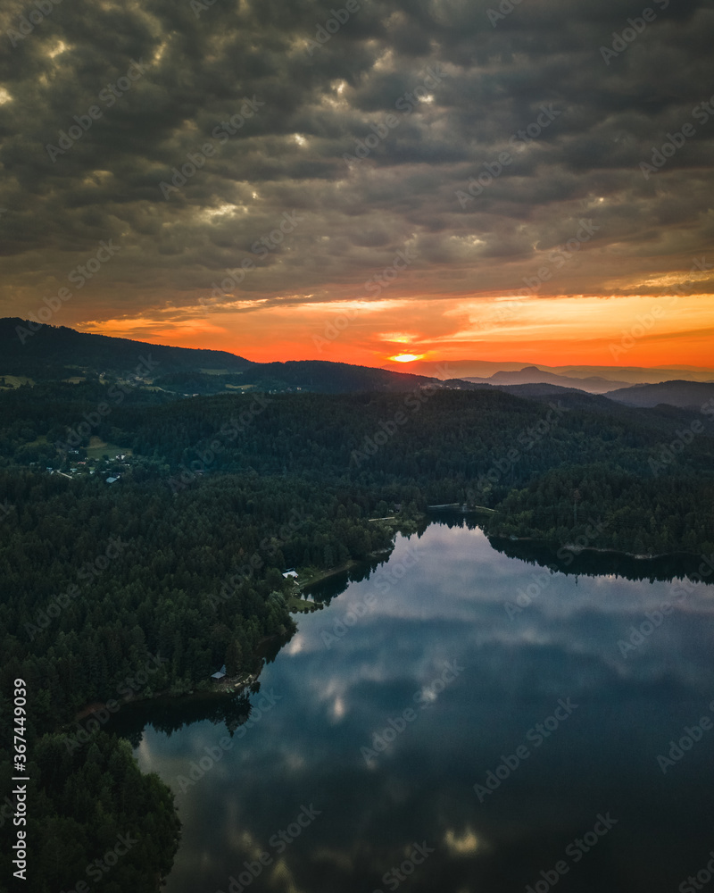 Fototapeta premium lake woerthersee aerial view in summer during sunrise