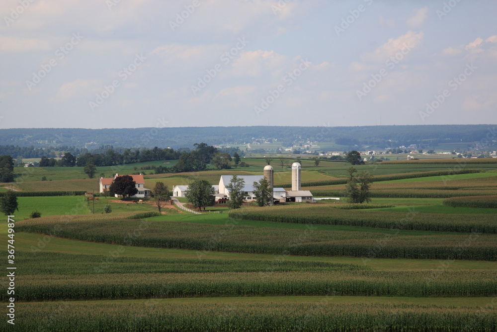 Landscape of Amish Farm Land and farm house with fence and silo under blue sky in Lancaster County, Pennsylvania, USA