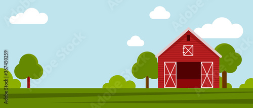 Country farm house on a green meadow, agricultural construction. Flat vector illustration on a background of blue sky with clouds.Cartoon rural landscape panorama field.Banner for website