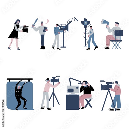 Set of people specialists involved in cinema production