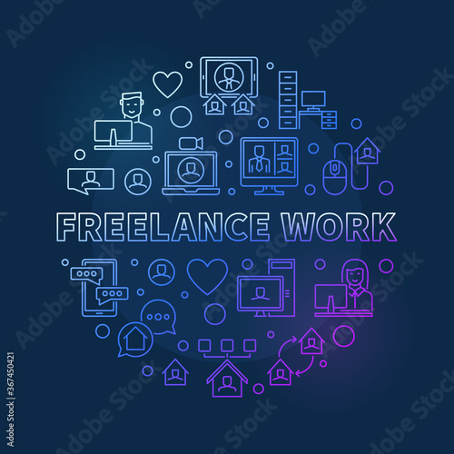 Freelance Work vector concept round colored linear illustration on dark background