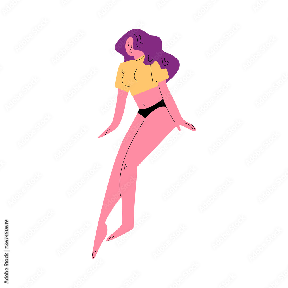 Pinup girl with long purple hair in sexy top, underwear and barefoot Pinup girl with long purple hair in sexy top, underwear and barefoot