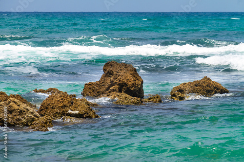 Beautiful view of rocks on Givat Olga beach in Hadera. Israel. photo