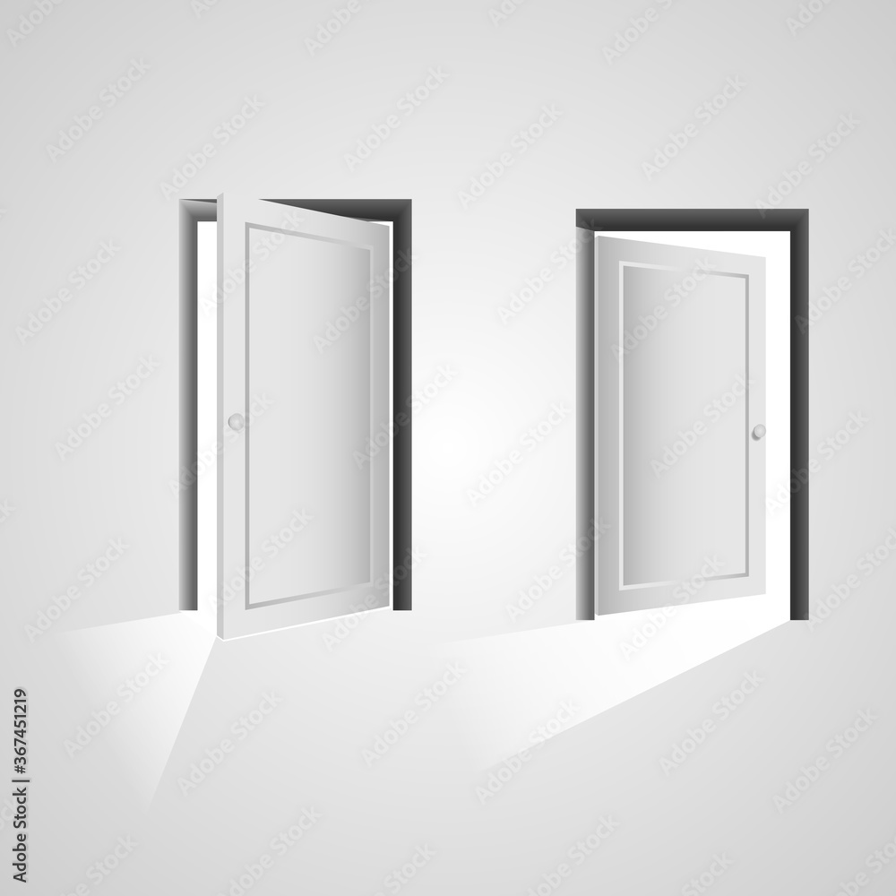 Vector Realistic Different Opened and Closed White Wooden Door Icon Set Closeup Isolated on White Background. Vector Realistic Different Opened and Closed White Wooden Door Icon Set Closeup Isolated on White Background.
