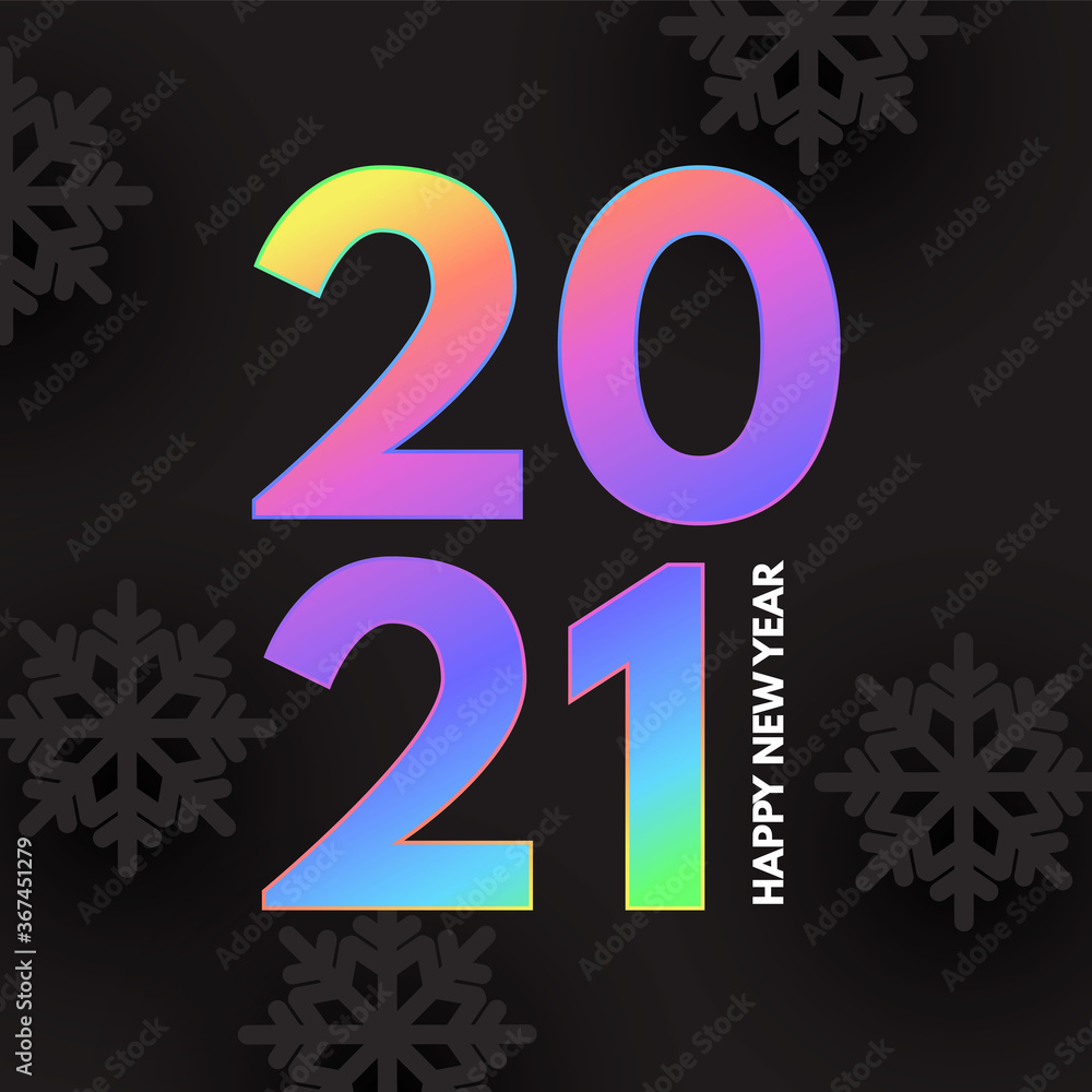 Happy New 2021 Year Elegant Design with neon rainbow new year number and black paper snowflakes. Happy New 2021 Year Elegant Design with neon rainbow new year number and black paper snowflakes.