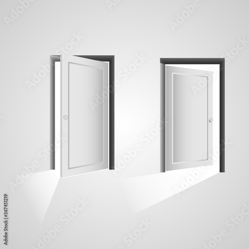 Fototapeta Naklejka Na Ścianę i Meble -  Vector Realistic Different Opened and Closed White Wooden Door Icon Set Closeup Isolated on White Background.