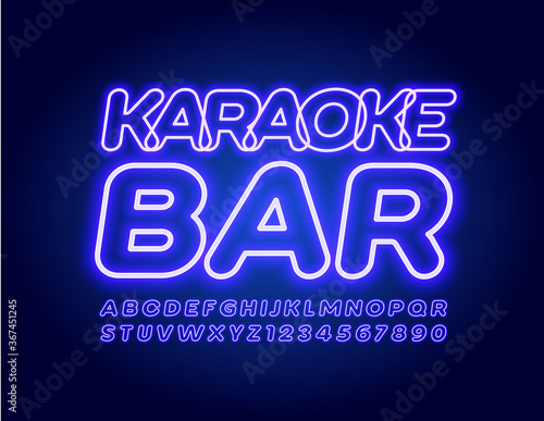 Vector glowing sign Karaoke Bar. Blue Neon Font. Electric light Alphabet Letters and Numbers