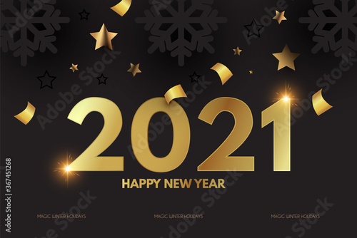 Happy New 2021 Year Elegant Design with gold shining year number, confetti and black paper snowflakes.