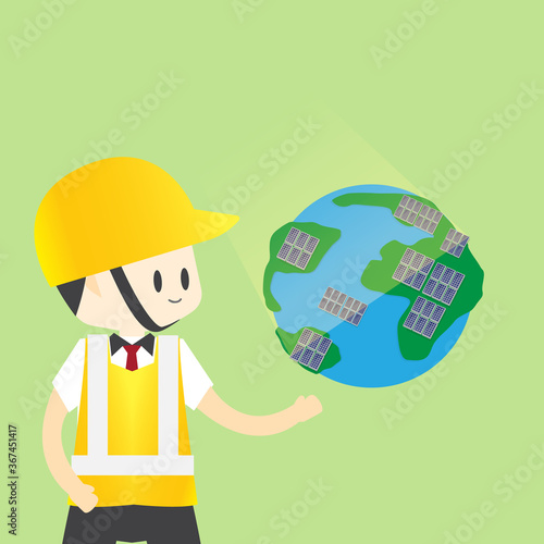 solar power plant on earth. Engineer manager order the worker with solar energy from Sunlight  for green industry clean energy.