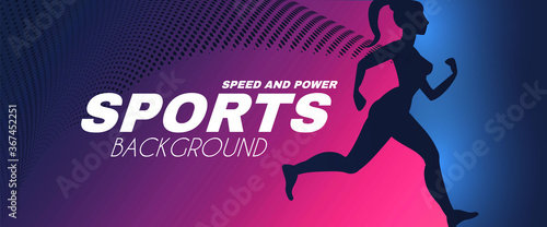 Sport background with running girl silhouette with cloak and light effects.
