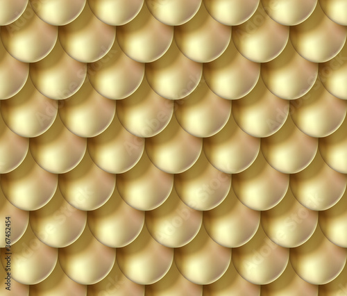 Gold foil mermaid tail texture background. Golden scale seamless pattern. Vector elegant, shiny and metal gradient fish skin template