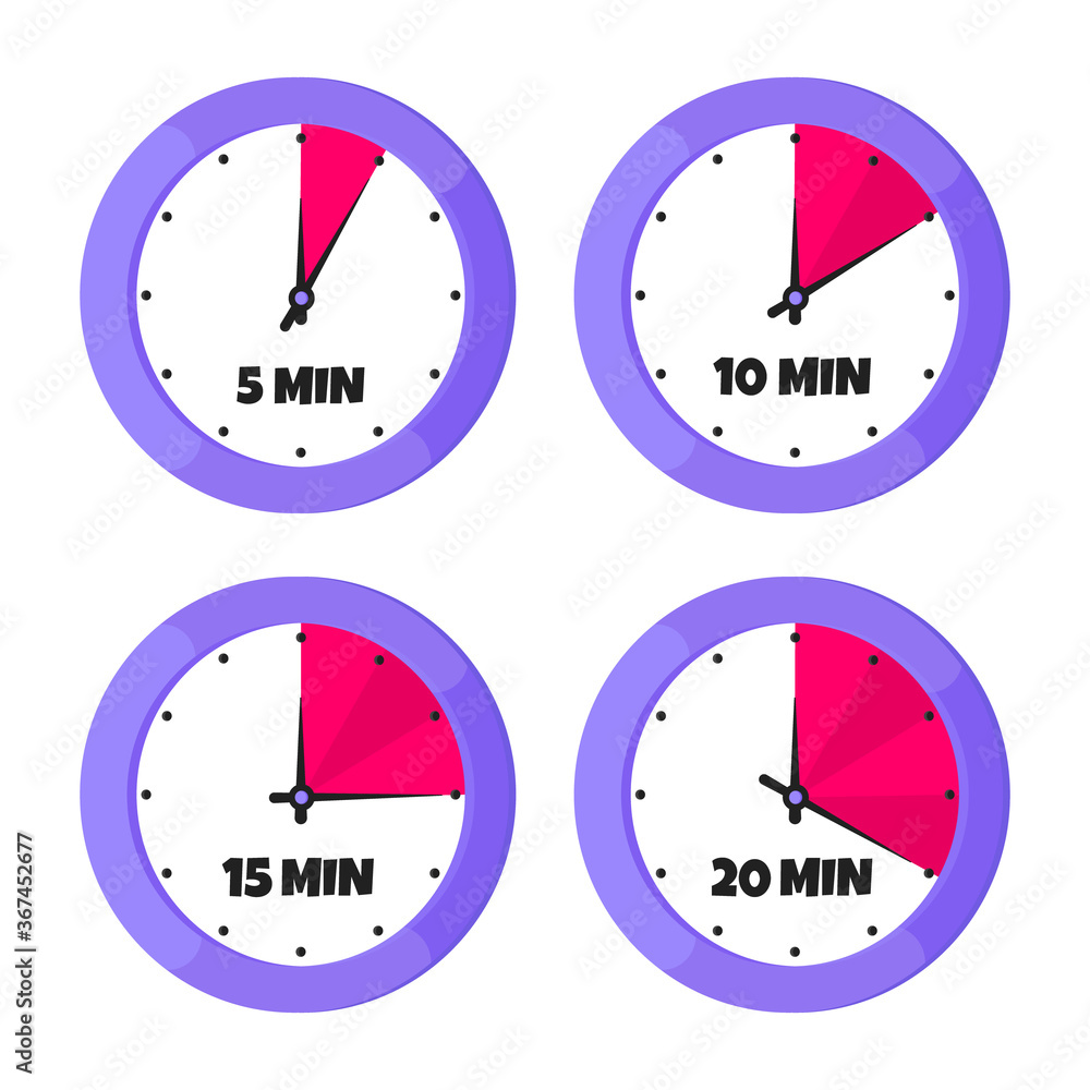 Minutes countdown on analog clock face flat style design vector