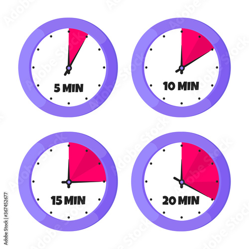 Minutes countdown on analog clock face flat style design vector illustration icon sign set isolated on white background. Analogue wall clock minutes time management business concept.