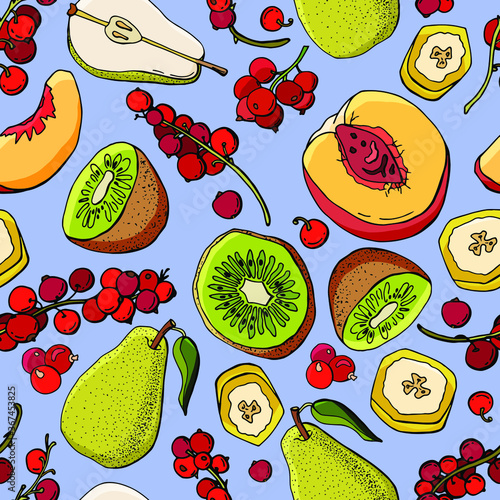 Fruit seamless pattern. Banana, peach, pear, kiwi, leavened currant. Cartoon style. Stock illustration. Design for wallpaper, fabric, textile, packaging.