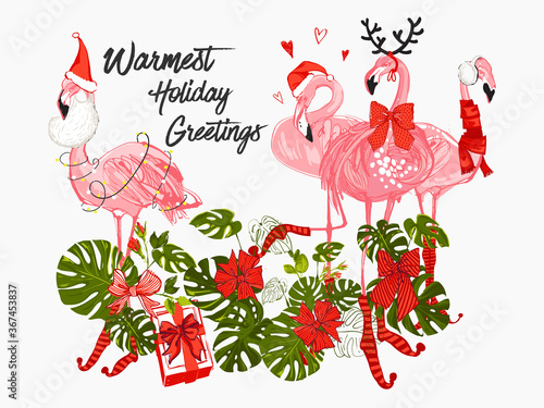 Flamingo pink tropic Merry Christmas and Happy New Year 2019 greeting card. Vector watercolor seamless background. Decoration on white backdrop. Hand drawn illustration