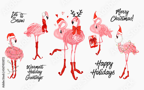 Christmas Santa and deer flamingo with santa hat, scarf, holidays greetings sign. Merry Christmas and Happy tropical new year elements set. Vector watercolor decoration on white backdrop.