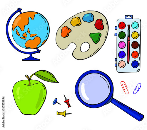 School supplies set. Globe, palette, paints, apple, magnifier, paper clips, buttons. White background, isolator. Stock illustration.