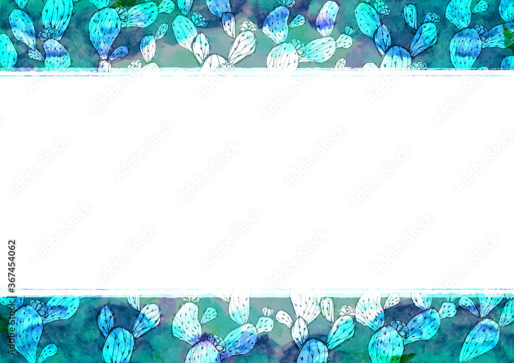 サボテンの背景素材　水彩　多肉植物　レトロ　ターコイズ　青
